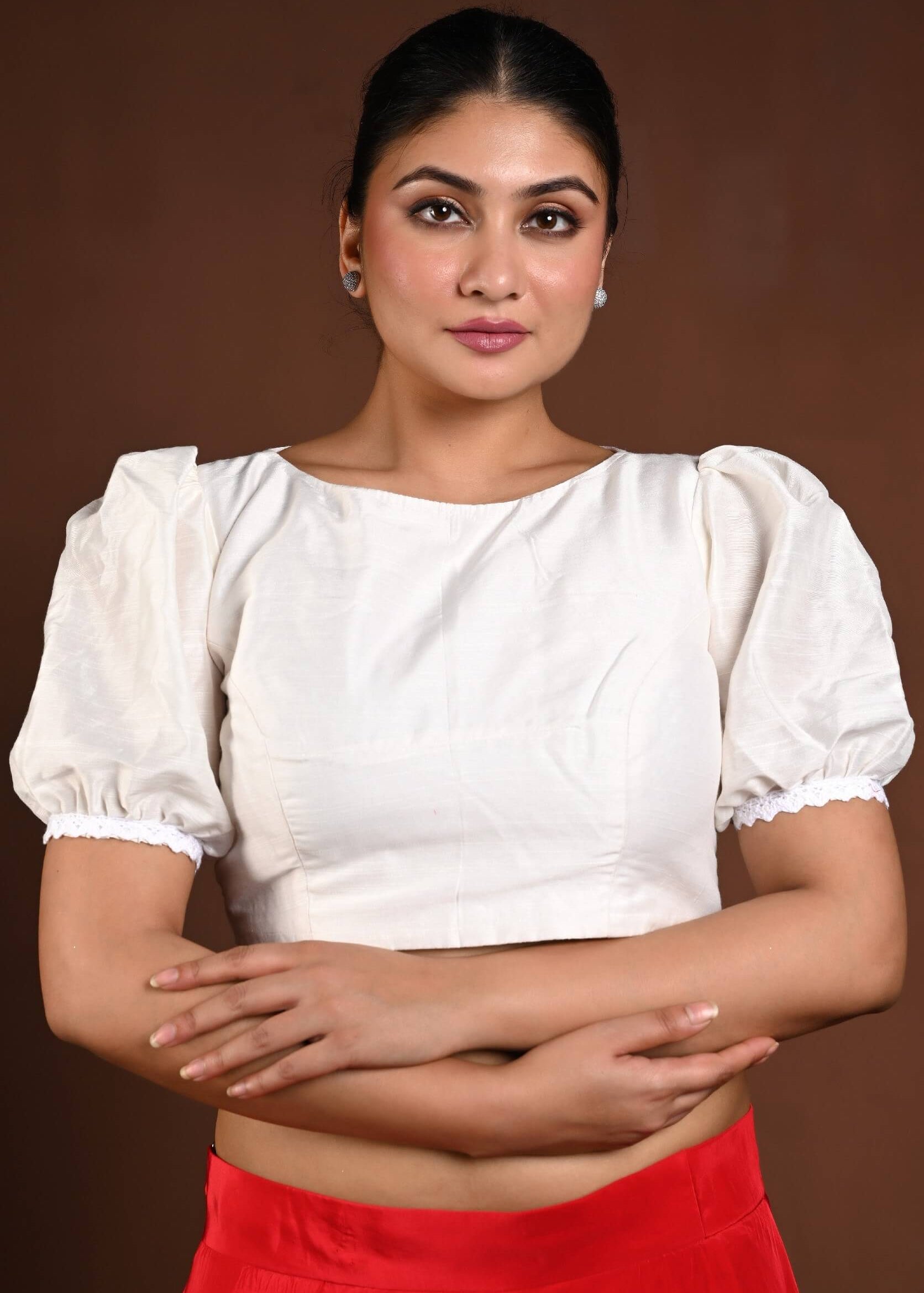 White Puff Sleeve Blouse in Raw Silk - Anvi Couture