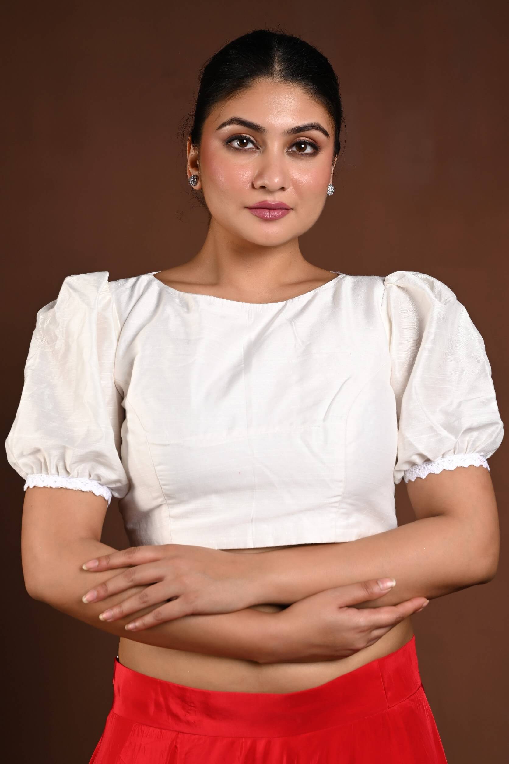 White Puff Sleeve Blouse in Raw Silk - Anvi Couture