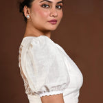 White Puff Sleeve Blouse in Raw Silk - Anvi Couture