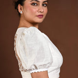 White Puff Sleeve Blouse in Raw Silk - Anvi Couture