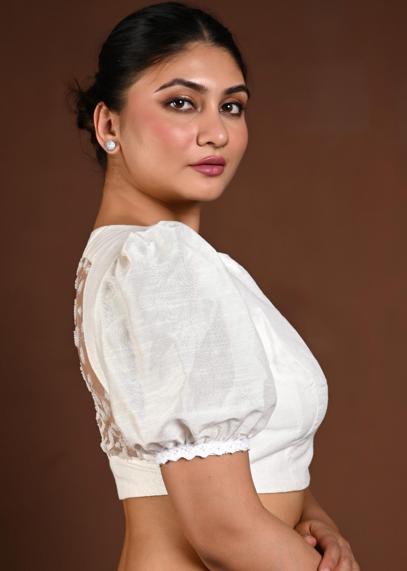 White Puff Sleeve Blouse in Raw Silk - Anvi Couture
