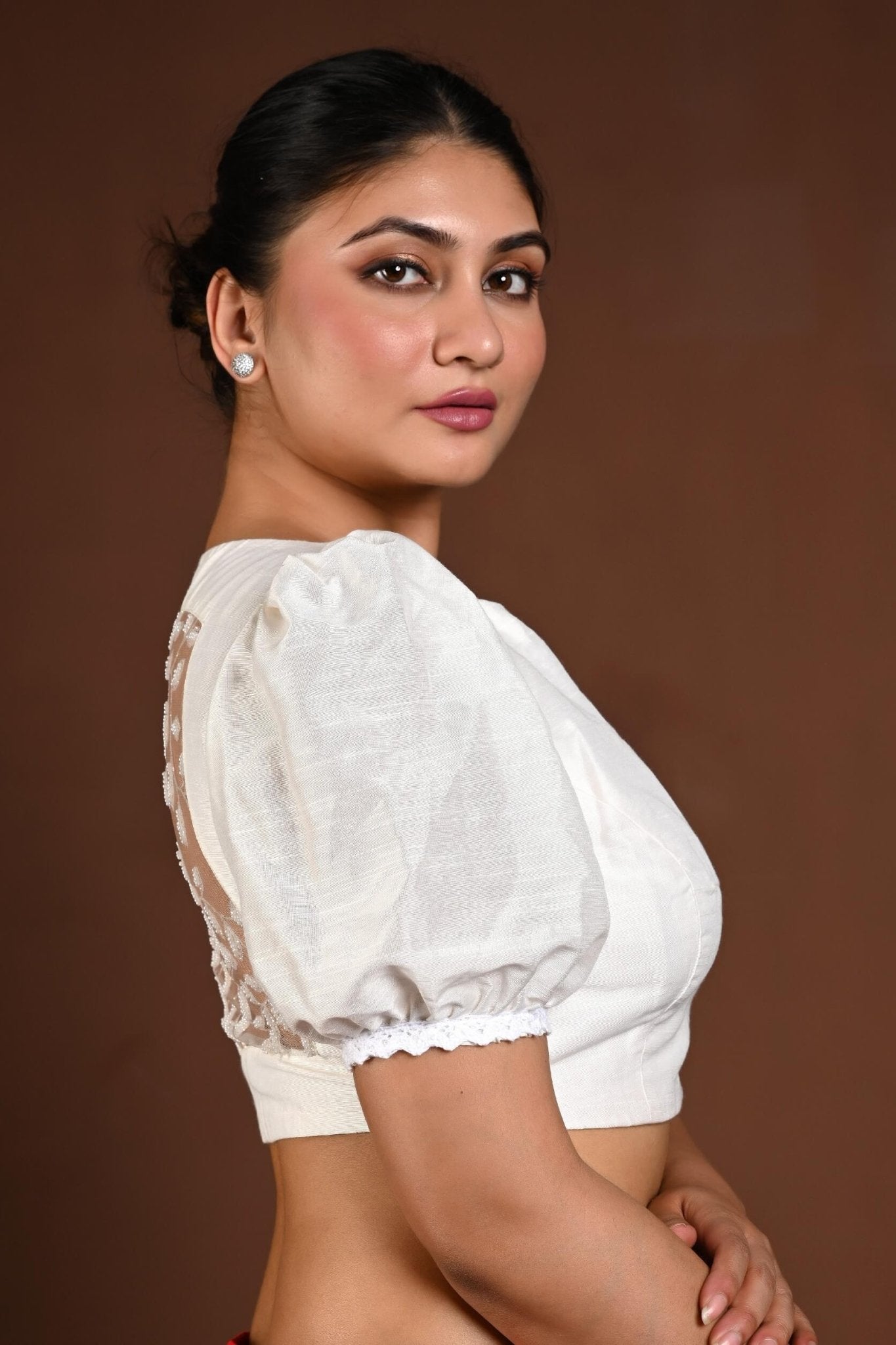 White Puff Sleeve Blouse in Raw Silk - Anvi Couture