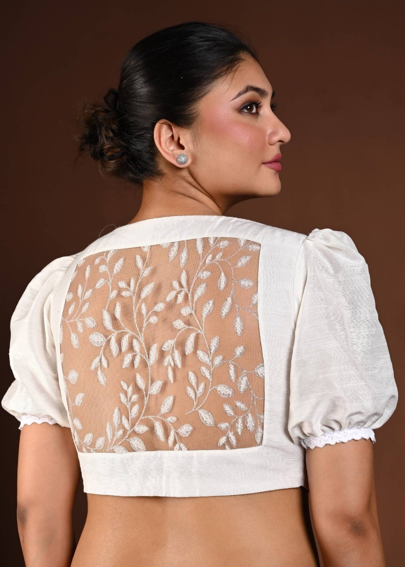 White Puff Sleeve Blouse in Raw Silk - Anvi Couture