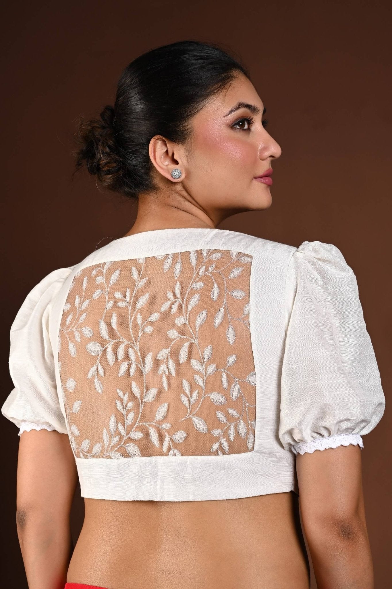 White Puff Sleeve Blouse in Raw Silk - Anvi Couture