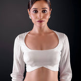 White Cotton Silk Blouse - Full Sleeves, Round Neck, and Sleek Back Cutout - Anvi Couture
