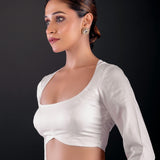 White Cotton Silk Blouse - Full Sleeves, Round Neck, and Sleek Back Cutout - Anvi Couture