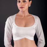 White Cotton Silk Blouse - Full Sleeves, Round Neck, and Sleek Back Cutout - Anvi Couture