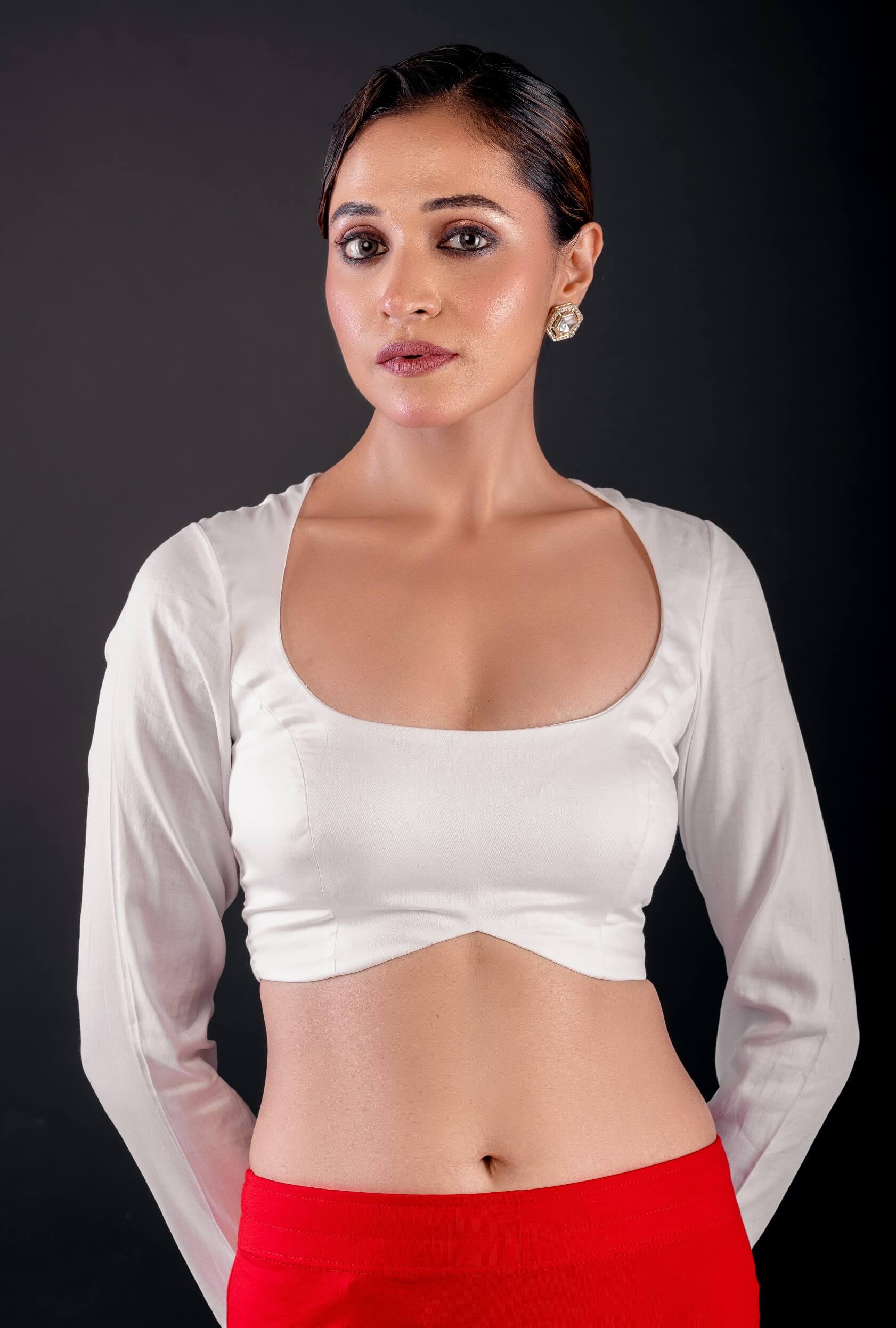 White Cotton Silk Blouse - Full Sleeves, Round Neck, and Sleek Back Cutout - Anvi Couture