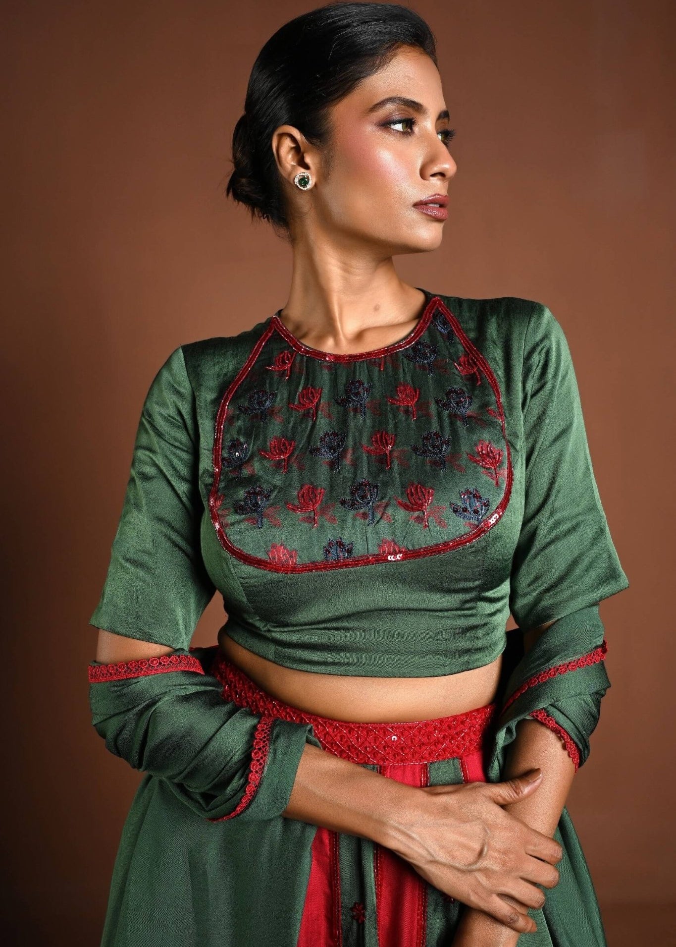 Red and Green Lehenga with Matching Green Choli and Dupatta - Anvi Couture