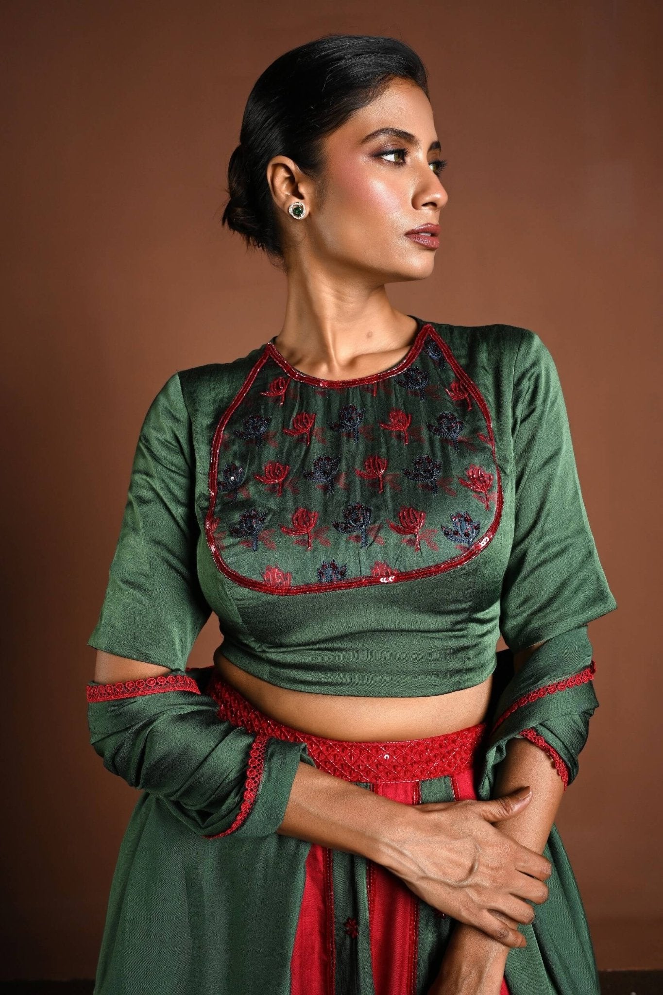 Red and Green Lehenga with Matching Green Choli and Dupatta - Anvi Couture