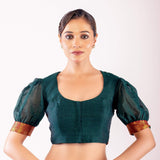 Dark Green Puff Sleeve Cotton Silk Blouse with Golden Border & U - Neckline - Anvi Couture