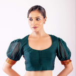 Dark Green Puff Sleeve Cotton Silk Blouse with Golden Border & U - Neckline - Anvi Couture