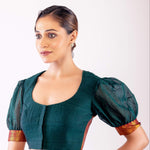 Dark Green Puff Sleeve Cotton Silk Blouse with Golden Border & U - Neckline - Anvi Couture