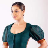 Dark Green Puff Sleeve Cotton Silk Blouse with Golden Border & U - Neckline - Anvi Couture