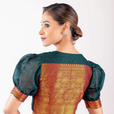Dark Green Puff Sleeve Cotton Silk Blouse with Golden Border & U - Neckline - Anvi Couture