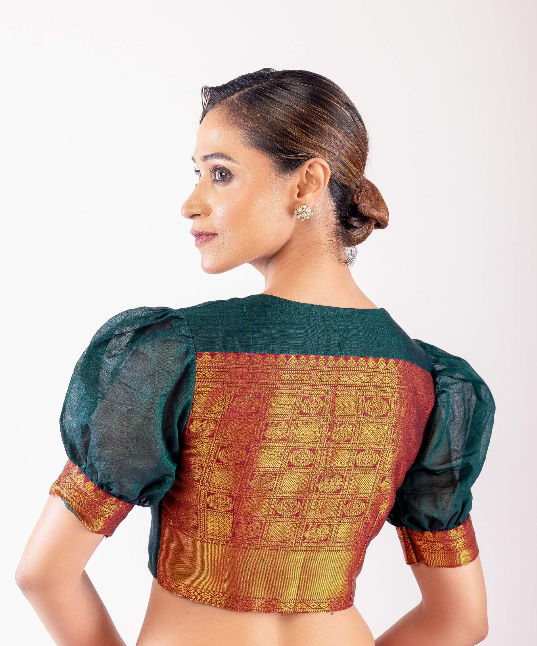 Dark Green Puff Sleeve Cotton Silk Blouse with Golden Border & U - Neckline - Anvi Couture