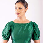 Green Puff Sleeve Blouse with Boat Neck - Anvi Couture