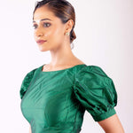 Green Puff Sleeve Blouse with Boat Neck - Anvi Couture