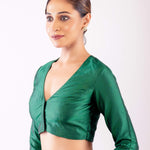 Green Full Sleeve Silk Blouse with V Neckline and Front Closure - Anvi Couture