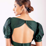 Dark Green Boat Neck Blouse in Silk with Puff Sleeves - Anvi Couture