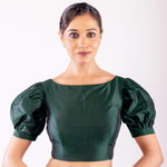 Dark Green Boat Neck Blouse in Silk with Puff Sleeves - Anvi Couture
