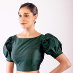Dark Green Boat Neck Blouse in Silk with Puff Sleeves - Anvi Couture