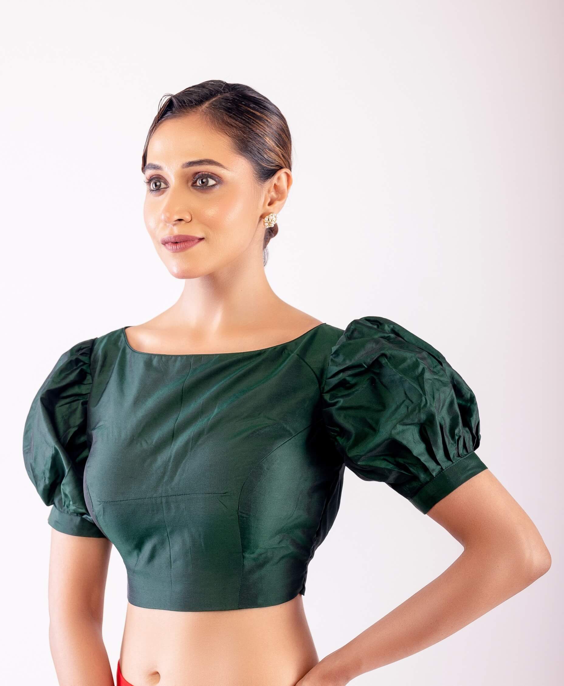 Dark Green Boat Neck Blouse in Silk with Puff Sleeves - Anvi Couture