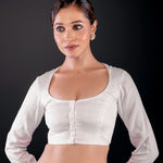 White Full Sleeve Cotton Silk Blouse with Round Neckline and Front Closure - Anvi Couture