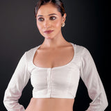 White Full Sleeve Cotton Silk Blouse with Round Neckline and Front Closure - Anvi Couture