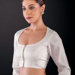 White Full Sleeve Cotton Silk Blouse with Round Neckline and Front Closure - Anvi Couture