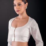 White Full Sleeve Cotton Silk Blouse with Round Neckline and Front Closure - Anvi Couture