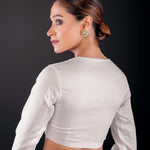 White Full Sleeve Cotton Silk Blouse with Round Neckline and Front Closure - Anvi Couture