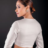 White Full Sleeve Cotton Silk Blouse with Round Neckline and Front Closure - Anvi Couture