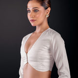 White Cotton Silk Full Sleeve Blouse with Deep V - Neck & Front Closure - Anvi Couture