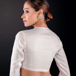 White Cotton Silk Full Sleeve Blouse with Deep V - Neck & Front Closure - Anvi Couture