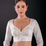 White Full Sleeve Cotton Silk Blouse with Sweetheart Neckline - Anvi Couture
