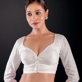 White Full Sleeve Cotton Silk Blouse with Sweetheart Neckline - Anvi Couture