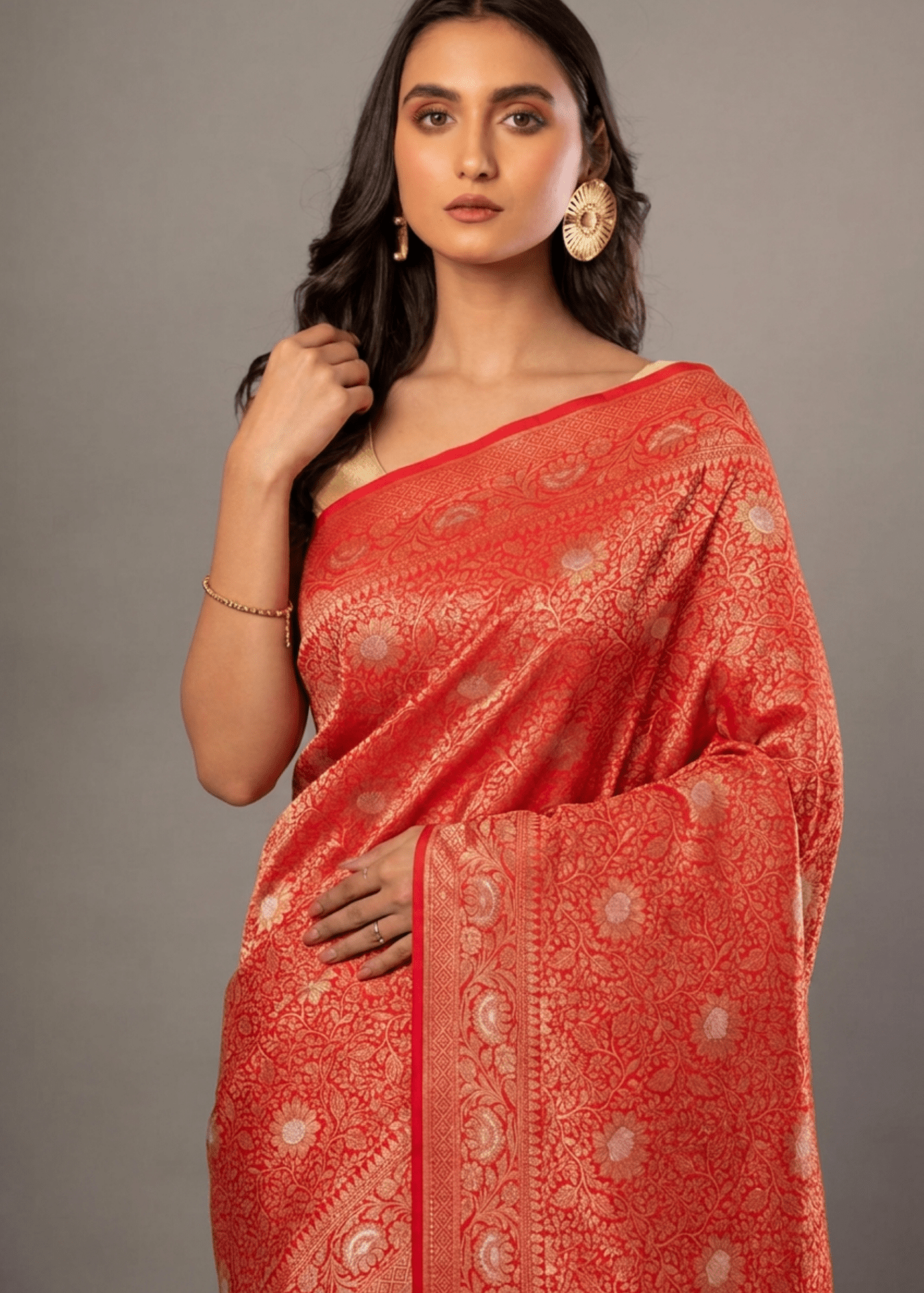 Red Brocade Katan Banarasi Saree - Anvi Couture