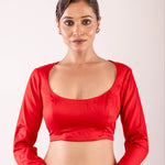 Bright Red Full Sleeve Blouse in Cotton Silk with Round Neckline - Anvi Couture