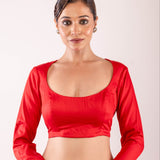 Bright Red Full Sleeve Blouse in Cotton Silk with Round Neckline - Anvi Couture