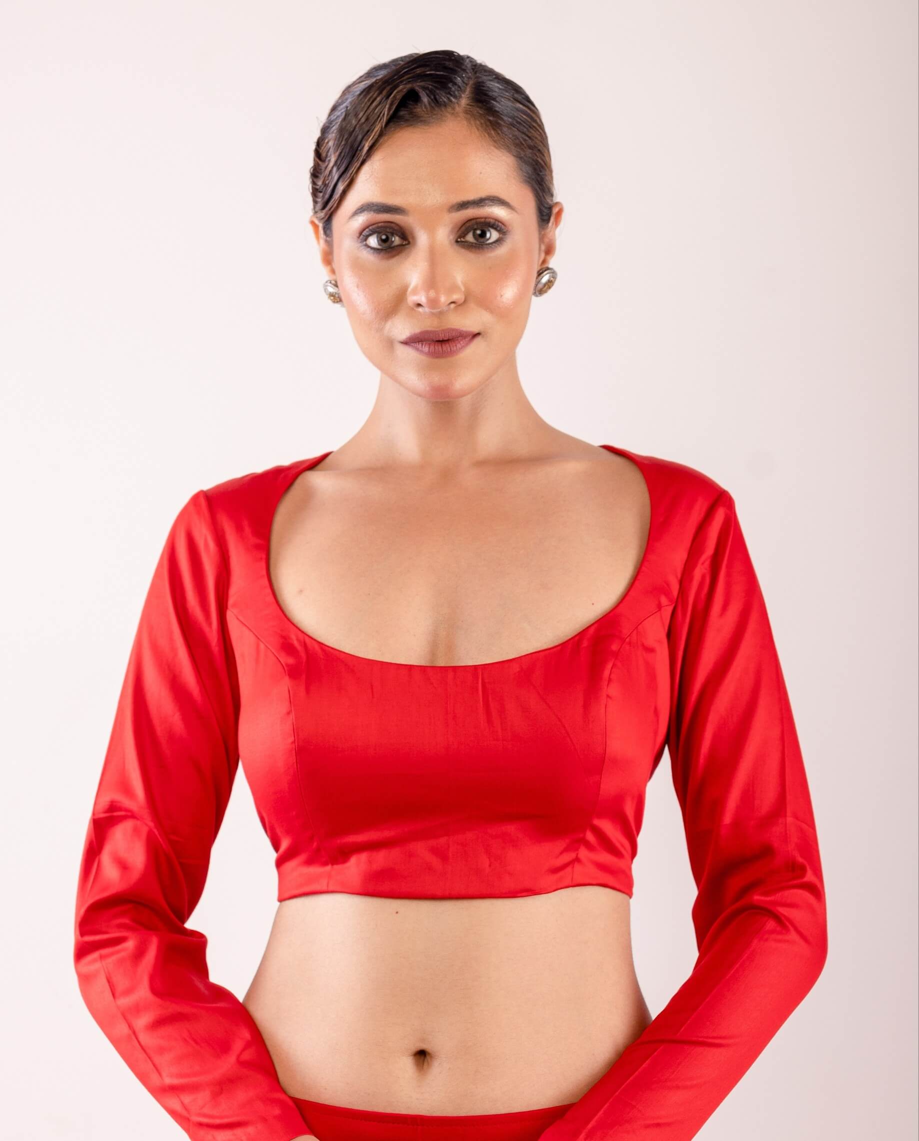 Bright Red Full Sleeve Blouse in Cotton Silk with Round Neckline - Anvi Couture