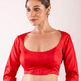 Bright Red Full Sleeve Blouse in Cotton Silk with Round Neckline - Anvi Couture