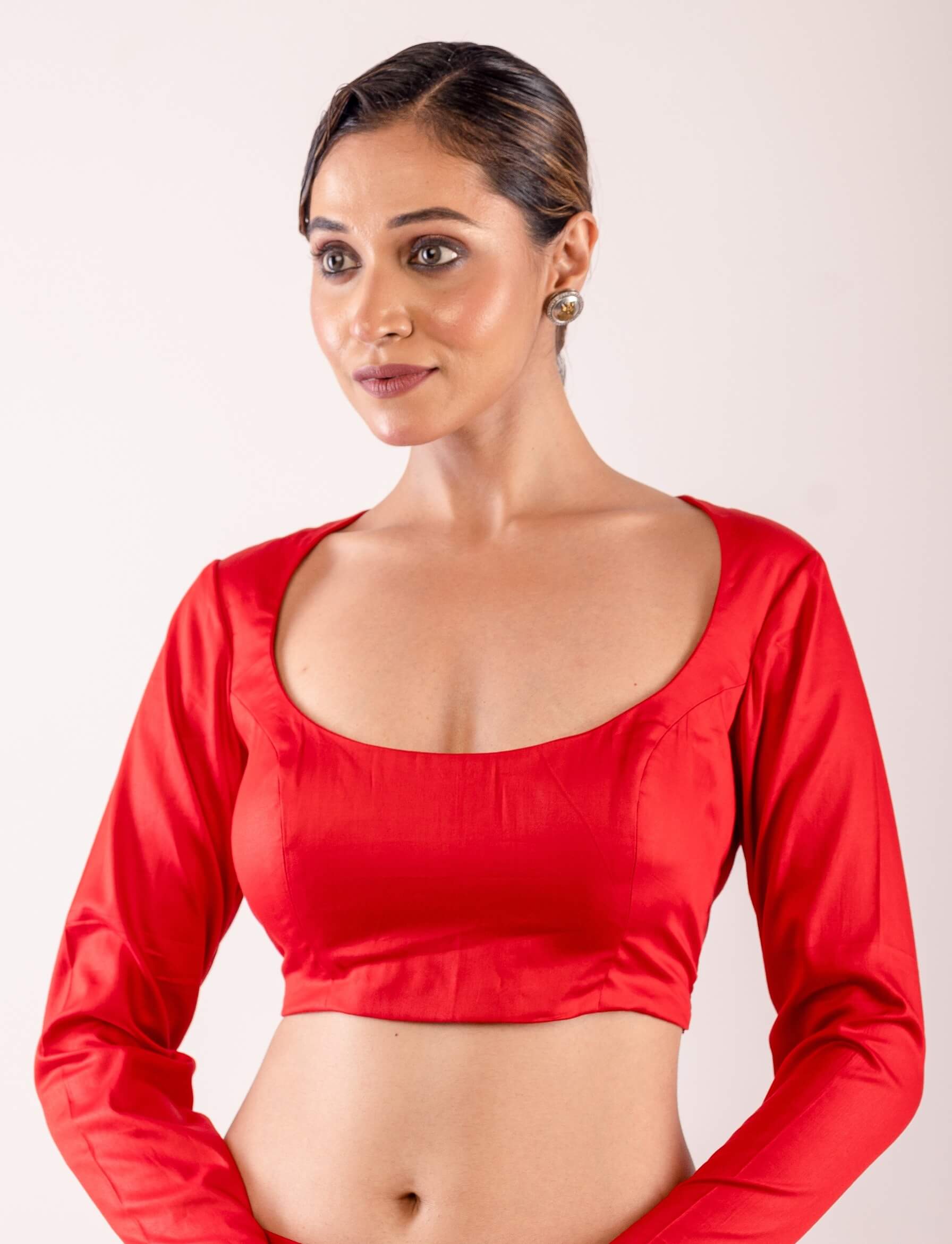 Bright Red Full Sleeve Blouse in Cotton Silk with Round Neckline - Anvi Couture