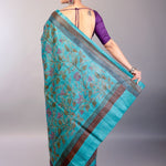 Teal Blue Silk Kantha Stitch Saree Floral Embroidery Work - Anvi Couture