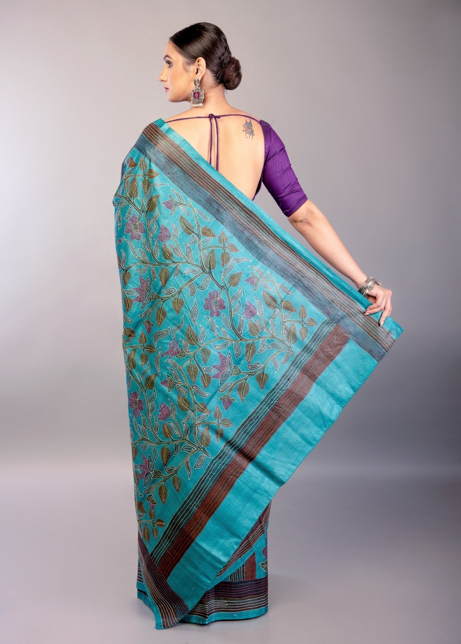 Teal Blue Silk Kantha Stitch Saree Floral Embroidery Work - Anvi Couture