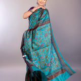 Teal Blue Silk Kantha Stitch Saree Floral Embroidery Work - Anvi Couture