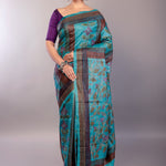 Teal Blue Silk Kantha Stitch Saree Floral Embroidery Work - Anvi Couture