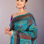 Teal Blue Silk Kantha Stitch Saree Floral Embroidery Work - Anvi Couture