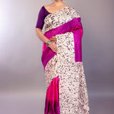 Pink and Purple Ombre Silk Saree with Contrasting White Batik Print Border - Anvi Couture