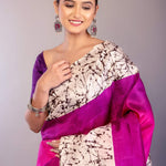 Pink and Purple Ombre Silk Saree with Contrasting White Batik Print Border - Anvi Couture